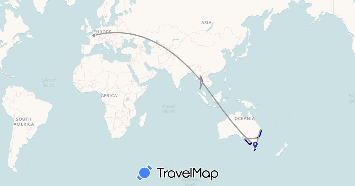 TravelMap itinerary: driving, bus, plane, train, boat, motorbike in Australia, France, Thailand (Asia, Europe, Oceania)